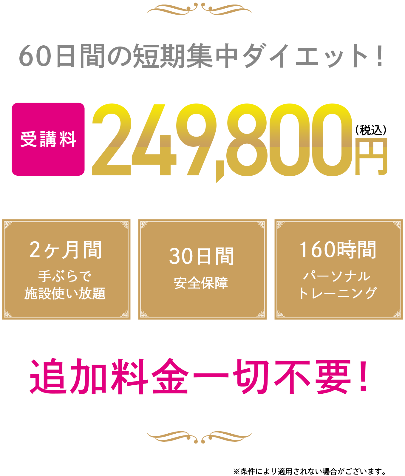 60日間の短期集中ダイエット！ 2ヶ月間手ぶらで施設使い放題・30日間安全保障・160時間パーソナルトレーニング 追加料金一切不要！ ※条件により適用されない場合がございます。