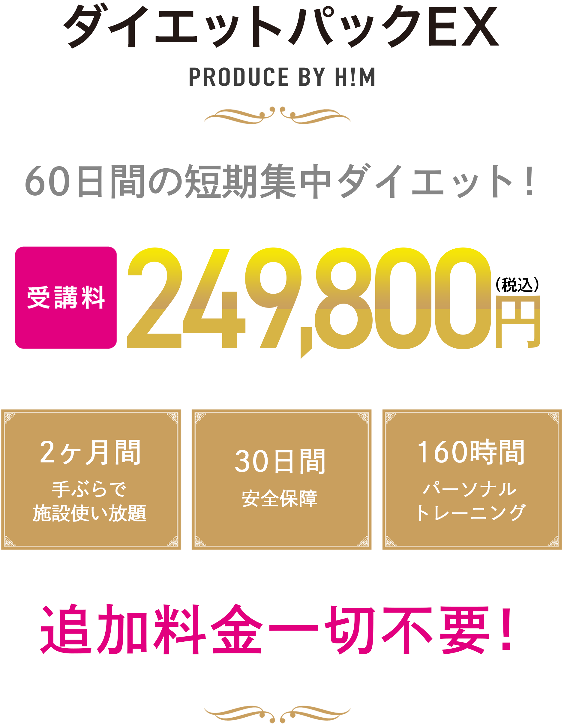 ダイエットパックEX PRODUCE BY H!M 60日間の短期集中ダイエット！ 2ヶ月間手ぶらで施設使い放題・30日間安全保障・160時間パーソナルトレーニング 追加料金一切不要！